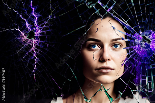 Portrait of a beautiful blue-eyed girl behind broken glass and bolts of electricity