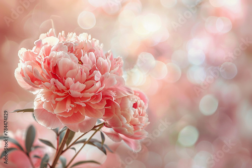dreamy background, pink peony on blur floral background for wedding invitation or romantic wallpaper, macro