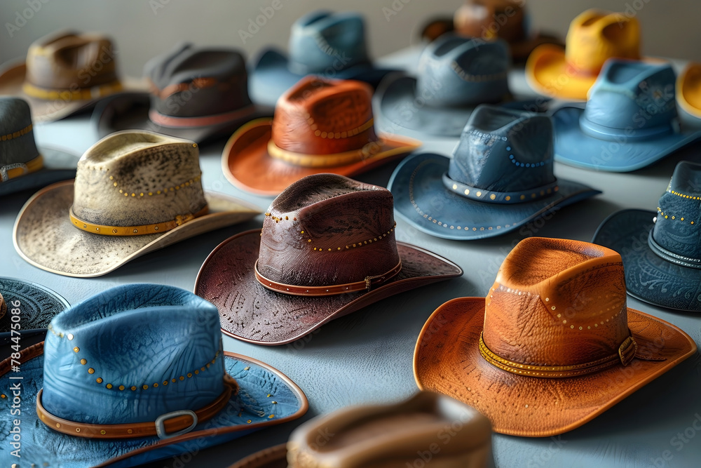 Diverse Collection of Exquisitely Crafted Cowboy Hats Showcased in a Minimalist and Hyper-Detailed Photographic Display
