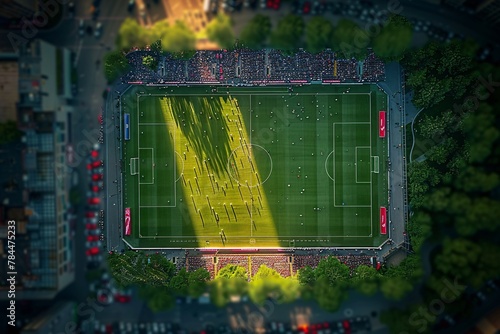 A soccer field seen from above with players in action, passing, shooting, and defending during a match. The field is marked with lines and goals at each end photo