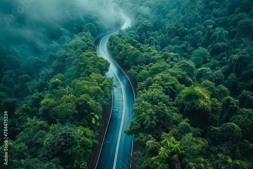An aerial shot captures the enchanting journey of a winding road through a dense green forest, enveloped in mist