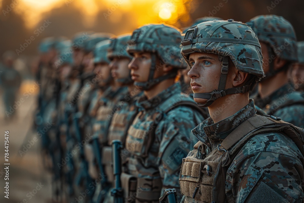 An impactful image displaying a group of military personnel in camouflage, lined up in a disciplined formation