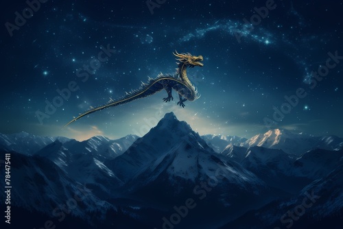 **A starry night sky above a snow-capped mountain peak, with a majestic dragon soaring amidst the constellations