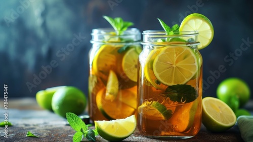 Two jars with lemon, lime and mint iced tea