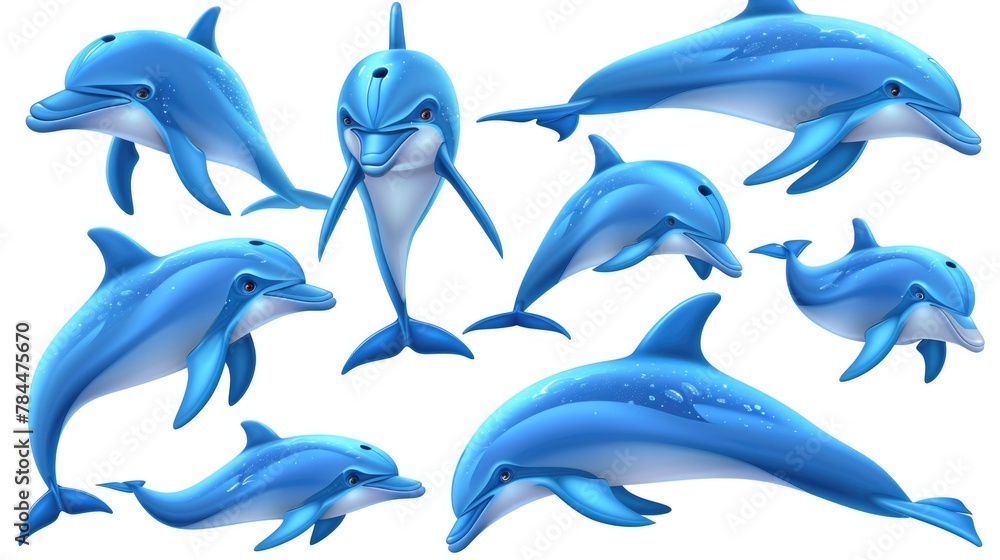 A group of blue dolphins in different positions A group of blue dolphins in different positions