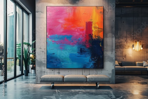 A large, colorful abstract painting dominates the scene, adding a vibrant touch to the contemporary living room setting with minimalist furniture