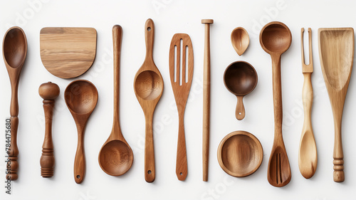 A variety of wooden kitchen utensils neatly displayed on a white background. photo