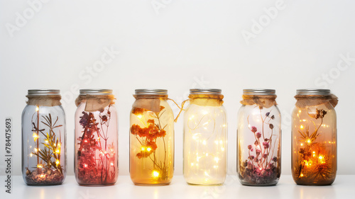 Mason jars with string lights and dried flowers creating a cozy atmosphere.