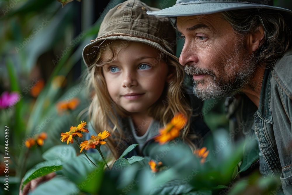 A man and a young girl closely look at orange flowers in a lush garden setting