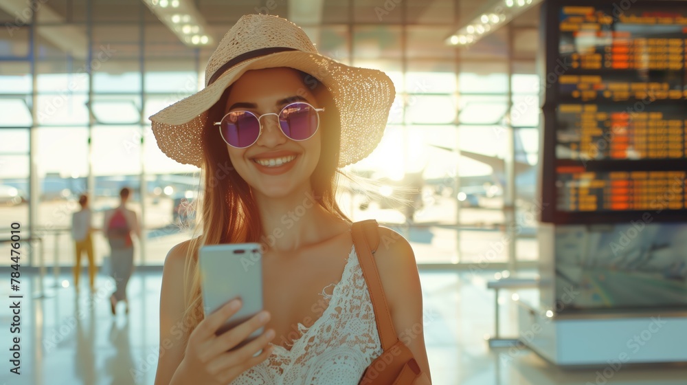 Busy with her business on her smartphone, a woman walks around the airport, looking at the news, photos or just having fun. Her smile shows the pleasure of her free time