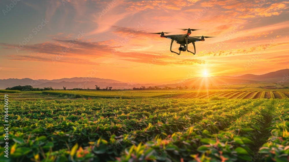 A drone flies over a lush green field at sunset.