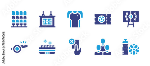 Soccer icon set. Duotone color. Vector illustration. Containing tactics, football team, red card, stand, tshirt, water bottle, table football, ticket, whistle, stadium.