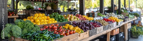 A farmer's market with fresh colorful fruits and vegetables on wooden tables. photo