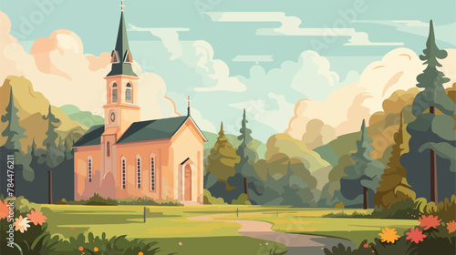 Picturesque country church with bell tower and chur