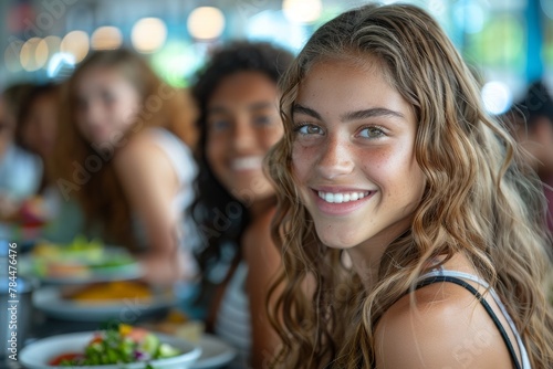 A vibrant teenager smiles at a cafe with friends, capturing a moment of youthful energy and camaraderie