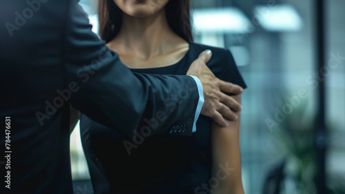 Harassment at work, woman sad angry terrified scared afraid, man, stop no, pressure unhappy male abuse touch hand, flirting bullying uncomfortable job.
