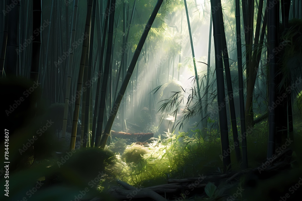 **A tranquil bamboo forest bathed in soft sunlight, where a graceful dragon roams freely among the swaying stalks