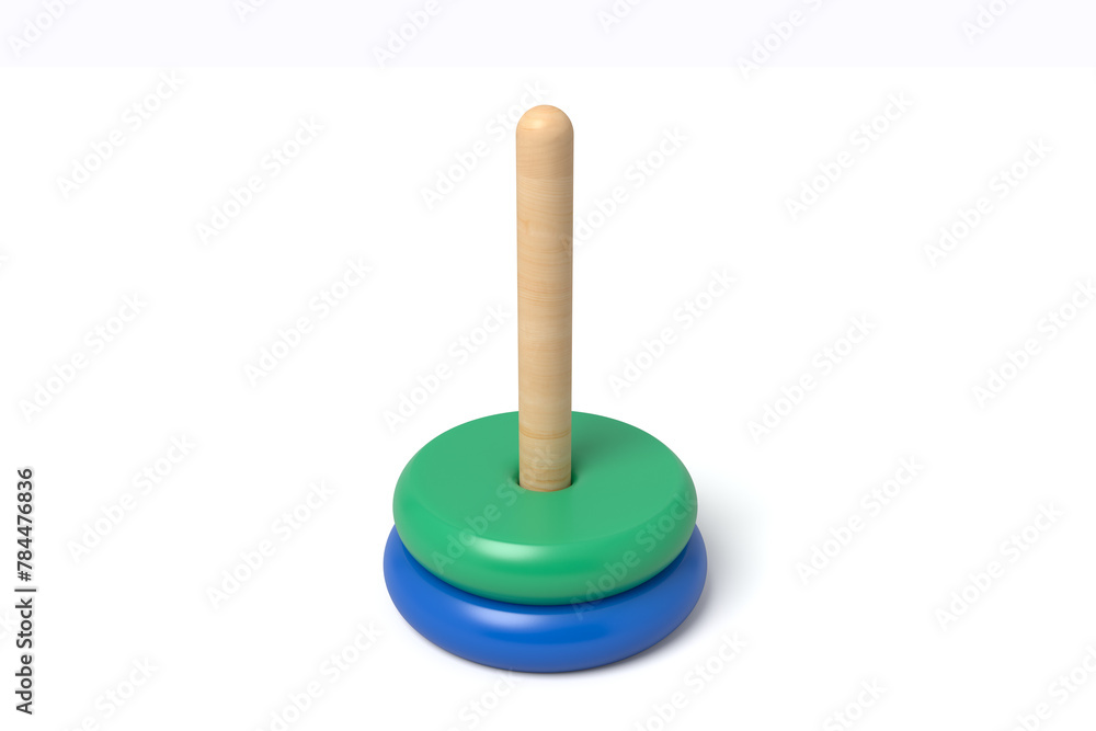 Single green wooden ring on toy pyramid base Single green wooden ring on toy pyramid base