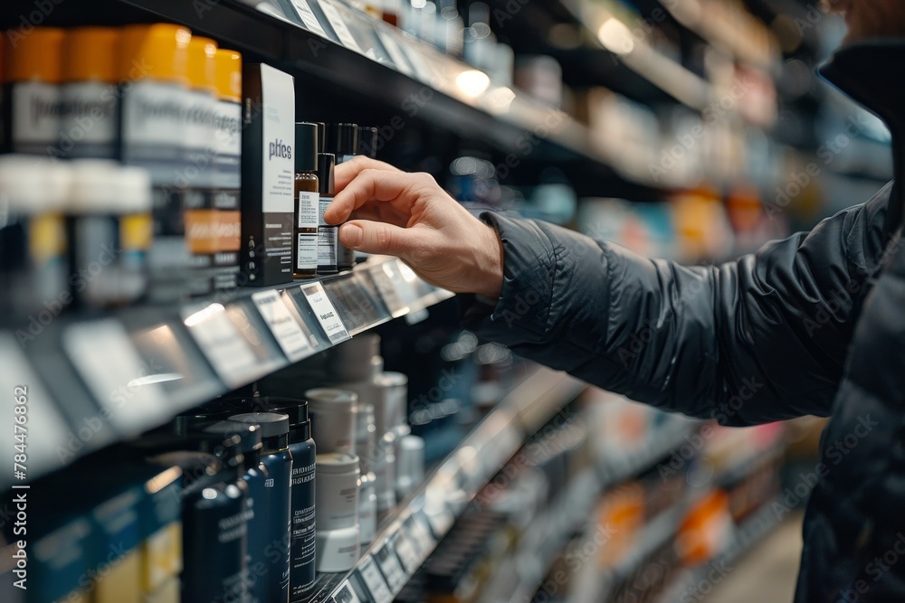 A person's hand reaching for a bottle of men's grooming product on a shelf in a store. A person's hand reaching for a bottle of men's grooming product on a shelf in a store.