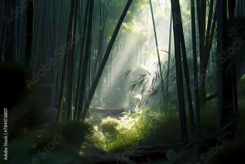   A tranquil bamboo forest bathed in soft sunlight  where a graceful dragon roams freely among the swaying stalks