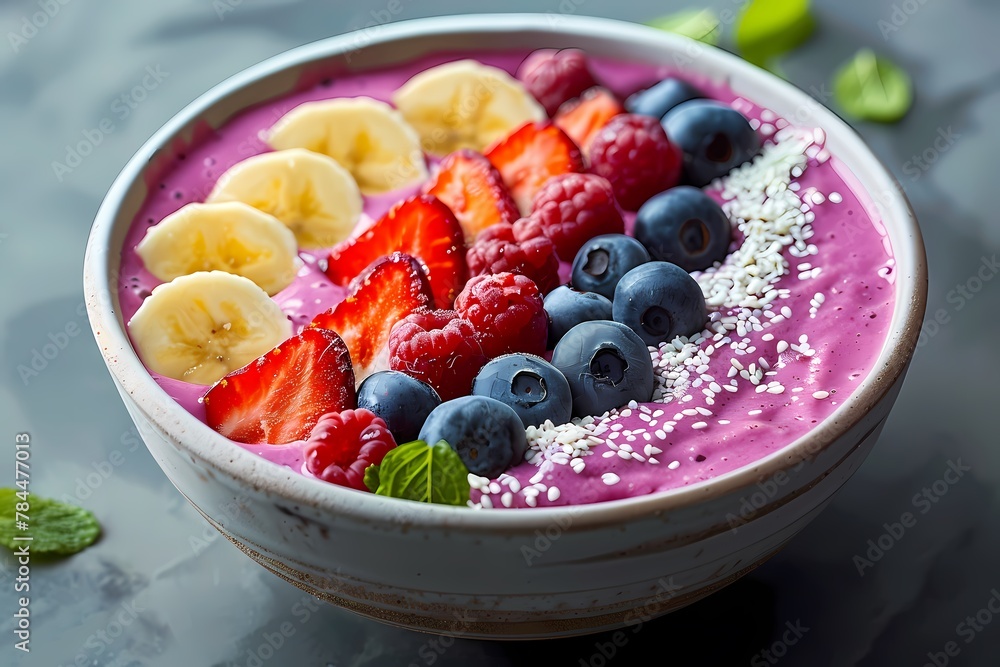 A vibrant and colorful smoothie bowl filled with blueberries, strawberries, banana slices, and mint. Ai generated A vibrant and colorful smoothie bowl filled with blueberries, strawberries, banana slices, and mint. Ai generated