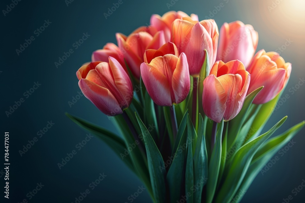 A bouquet of pinkish-orange tulips radiates under a soft glow, the petals gently overlapping in a natural arrangement