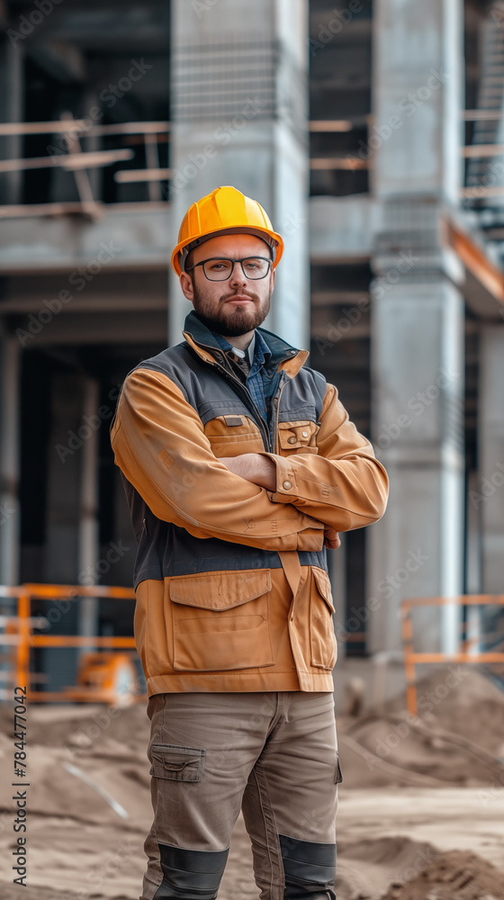 .A construction worker poses on a construction site. .A construction worker poses on a construction site.