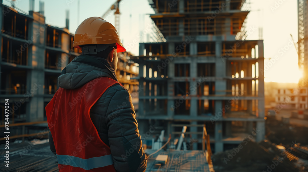 .A builder looks at construction. .A builder looks at construction.