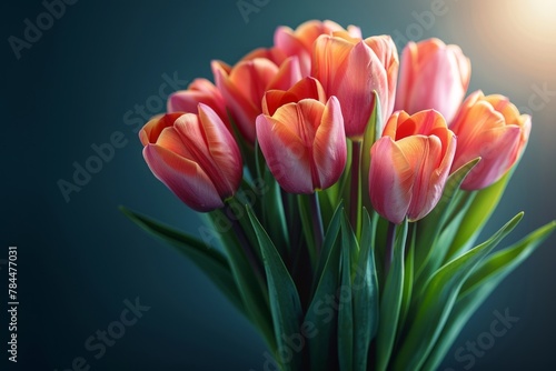 A bouquet of pinkish-orange tulips radiates under a soft glow, the petals gently overlapping in a natural arrangement