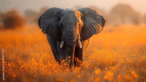  An elephant in a field of tall grass, yellow flowers in the foreground, trees in the background