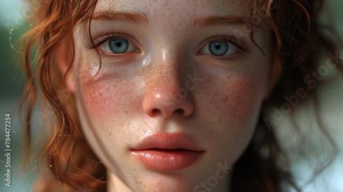 A close up image of a woman with freckles on her face