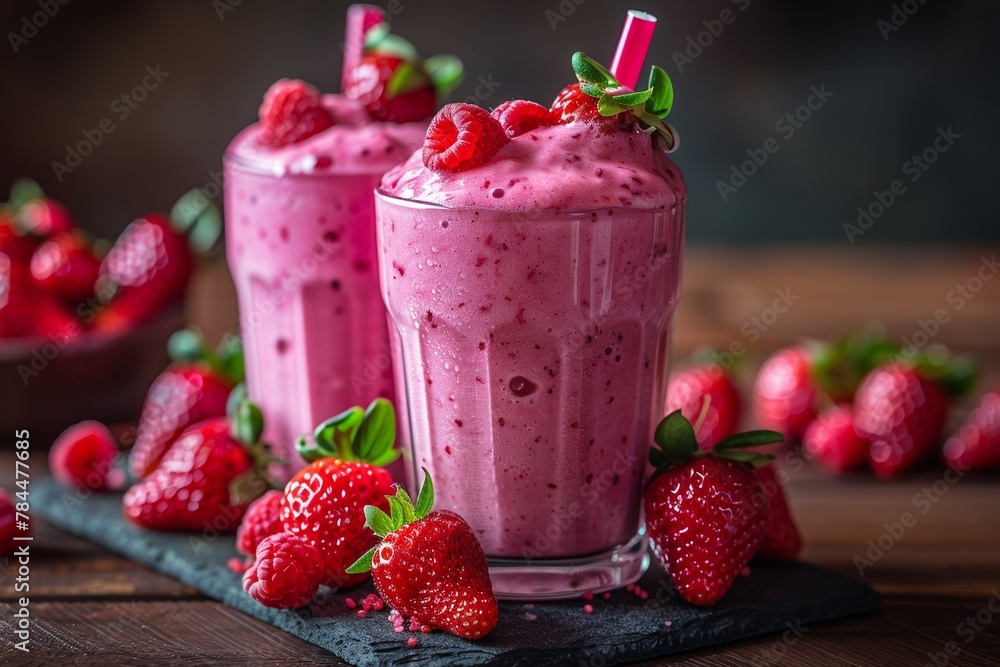 A dense milkshake blends strawberry and raspberry into a sweet, fruity concoction adorned with bubbles.