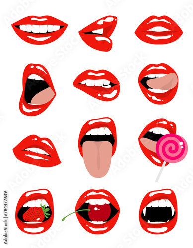 Famale sexy red lips. Set of isolated vector illustrations