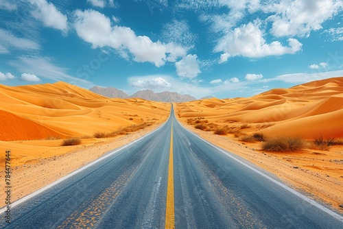 Through the arid wilderness  a highway cuts through the dry desert landscape.