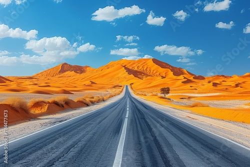 A hot desert highway cuts through the arid landscape, leading towards a vibrant sunset. photo