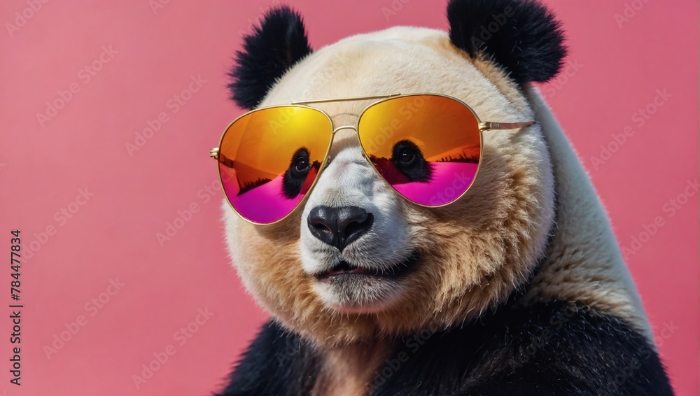 Illustration of a charming panda flaunts rainbow-hued mirrored sunglasses against a lively pink background.