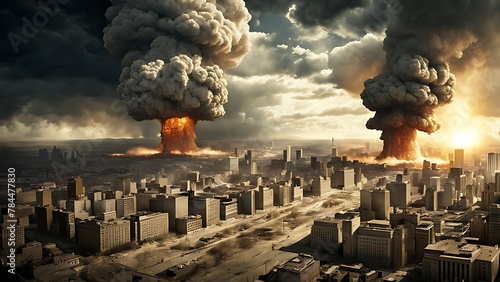 terrible huge nuclear bomb explosion city. photo