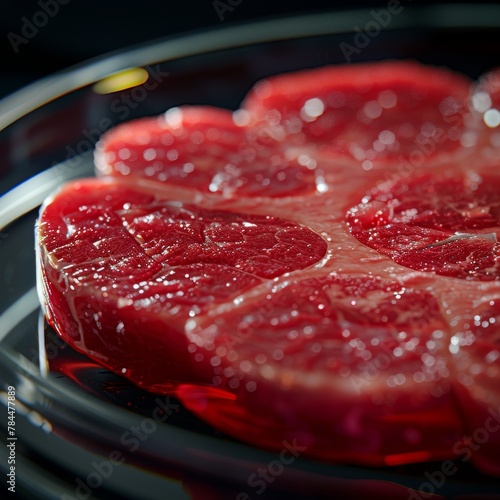 Beefsteak with blood on a black plate photo