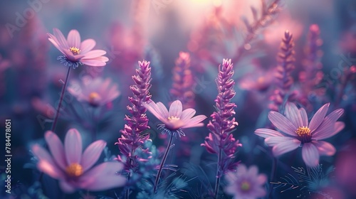  A field filled with purple flowers beneath sunrays filtering through the clouded sky, grass in sharp focus at the photo's forefront