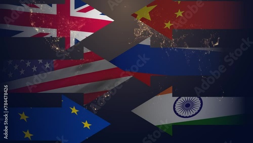 Cg arrows with the flags of the USA, Great Britain, the European Union, Russia, China and India are moving towards each other. The concept of a clash of interests between BRICS and the collective West photo
