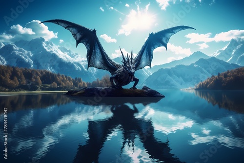 **A tranquil mountain lake reflecting the azure sky, with a majestic dragon gliding silently across its mirrored surface