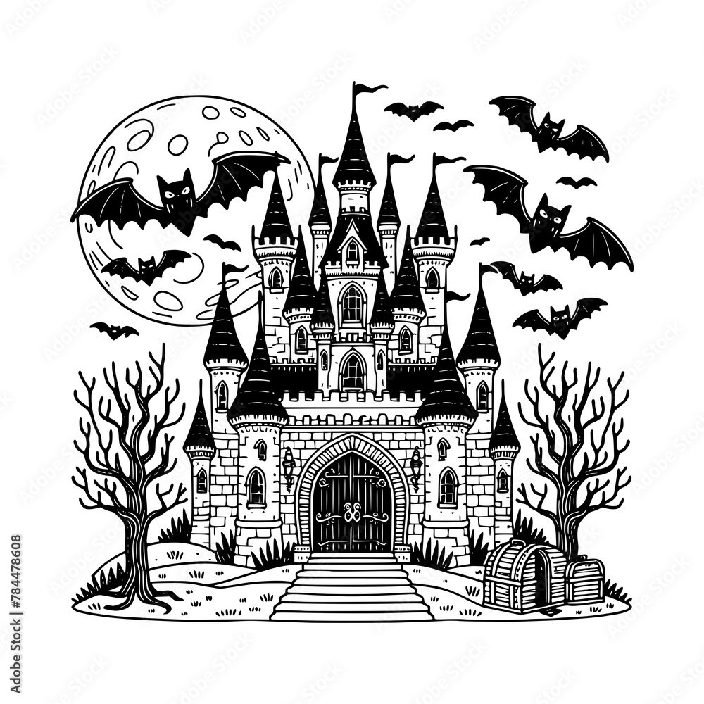 children coloring sketch illustration cartoon vampire castle with bat surround vector illustration