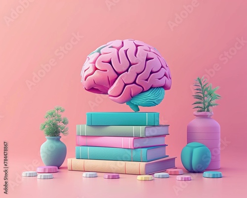 Knowledgethemed D render of books in clay style, brain icon, colorful pastel bright palette, inspiring learning photo