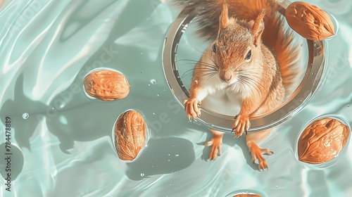 A spacesuited squirrel gathers space nuts in a zerogravity testing chamber, its agility seen in dynamic closeup photo