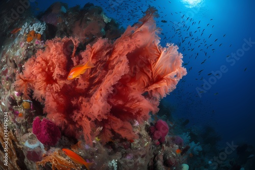 **A vibrant coral reef teeming with life, where a majestic dragon swims gracefully among the colorful marine creatures