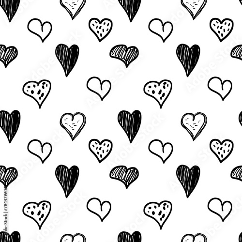 Hearts  grunge sketch. Seamless pattern, Hand drawn shapes doodles.