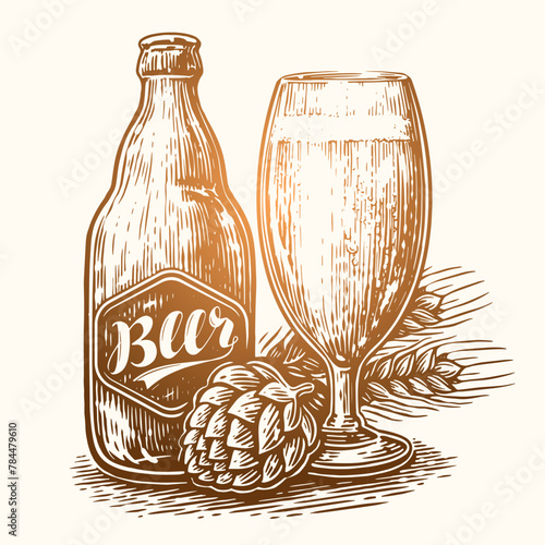 Beer mug and glass bottle filled with drink ale. Vector illustration, hand drawn sketch style