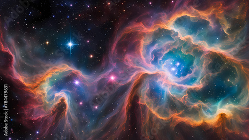 An image depicting a colorful and ethereal nebula in deep space, with swirling clouds of gas and dust illuminated by distant stars.