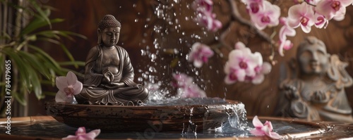 A beautifully crafted silver Buddha statue receiving a shower of orchid-infused water