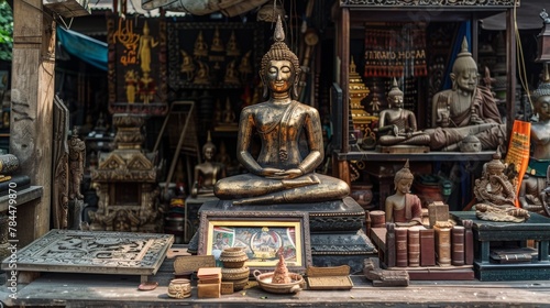 A Buddha statue surrounded by old wooden carvings and antiques © wudu_8